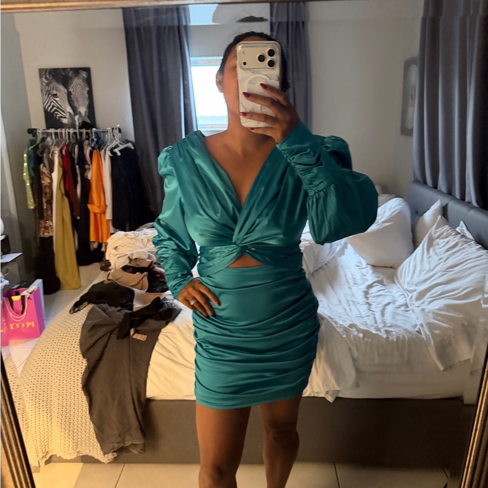 Teal Long-Sleeve Twist Front Mini Dress